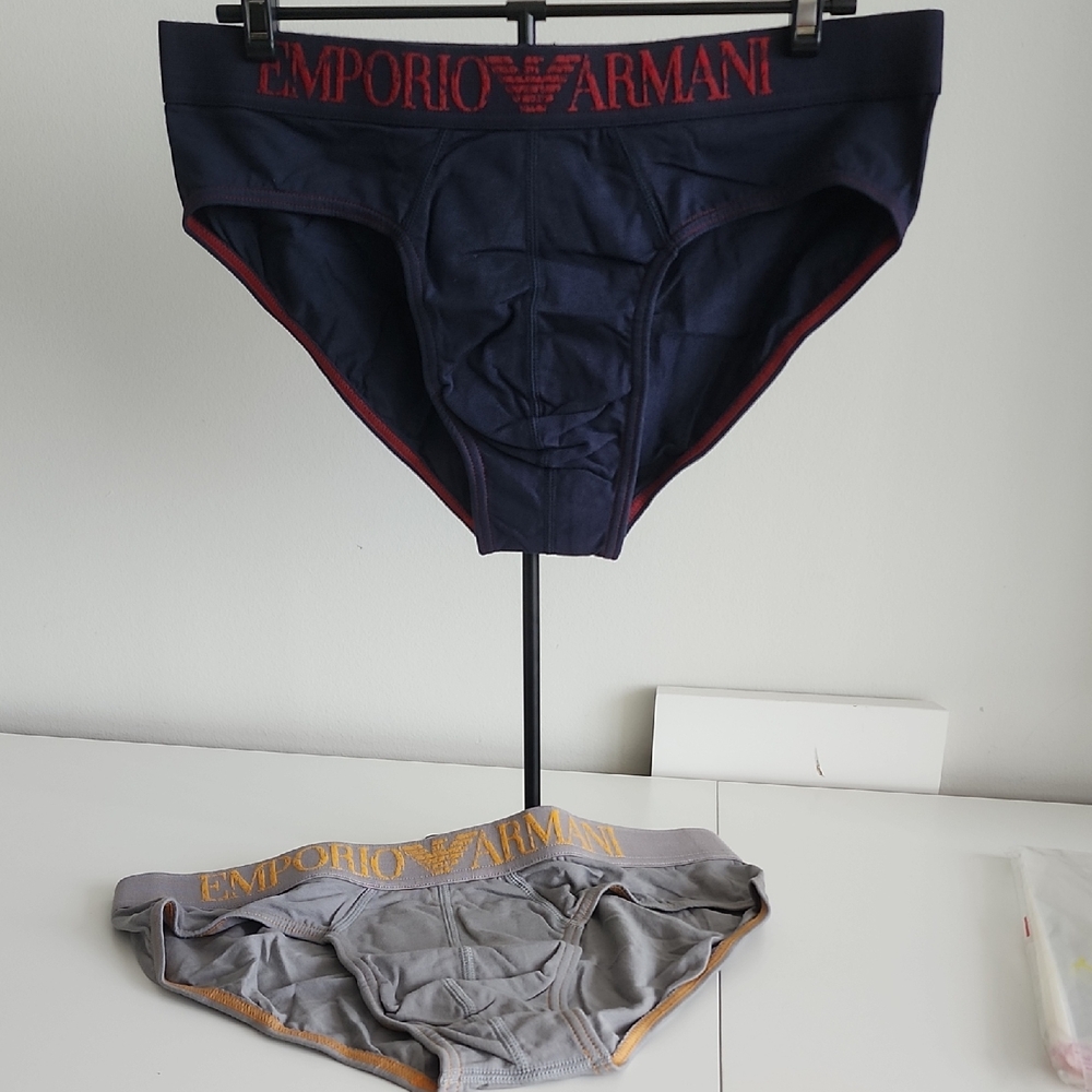 Emporio Armani Briefs - Dark Blue and Light Gray with Red and Yellow Highlights